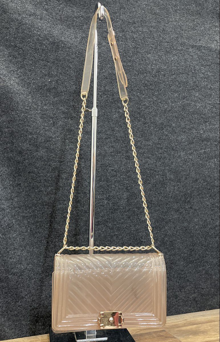 Transparent Blush Jelly Crossbody Bag Chevron Molded Gold Chain Shoulder Purse