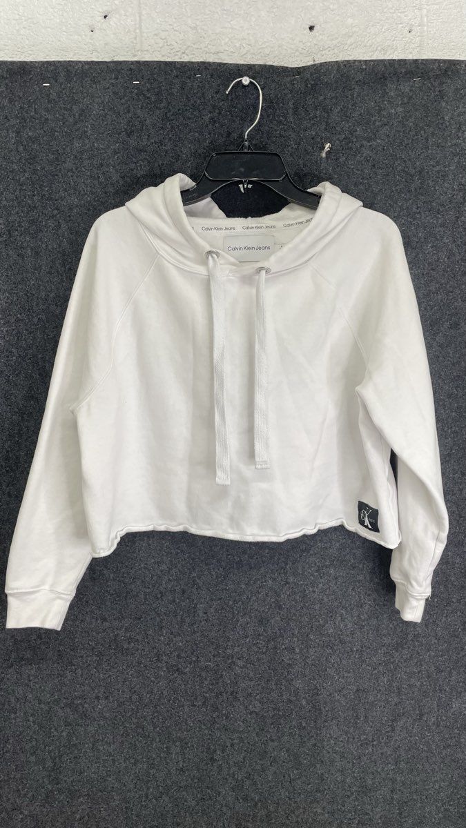 Calvin Klein Jeans Women's White Cropped Hoodie Raw Hem Logo Sleeve Sz M
