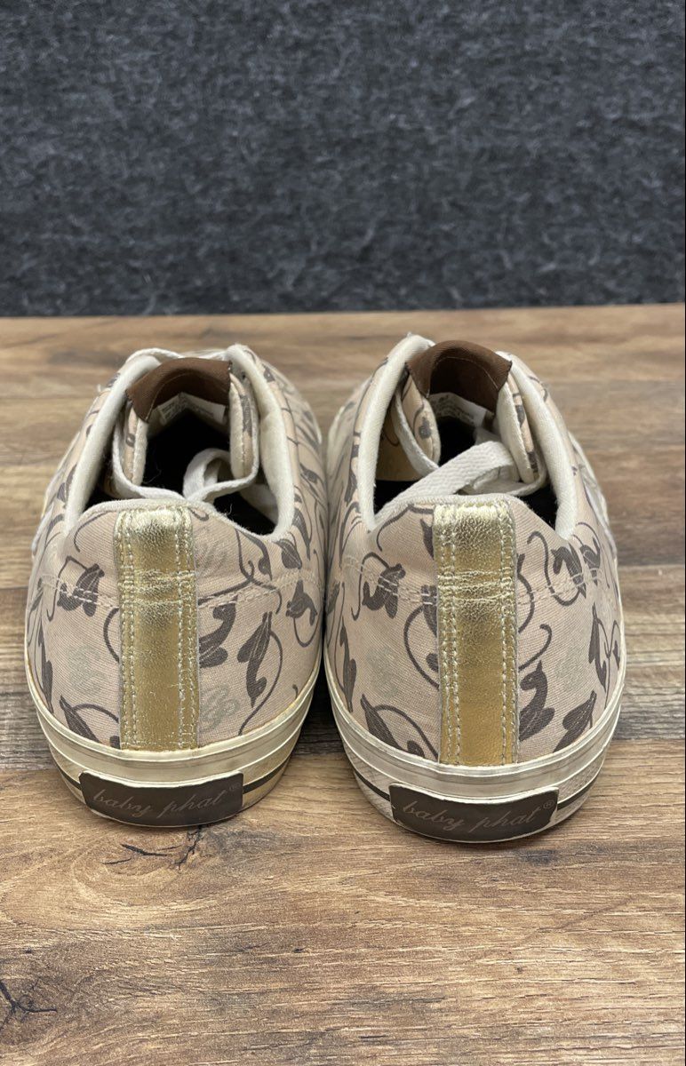 Baby Phat Kimora Lee Simmons Cat Print Tan Canvas Low Top Sneakers Women's Sz 11