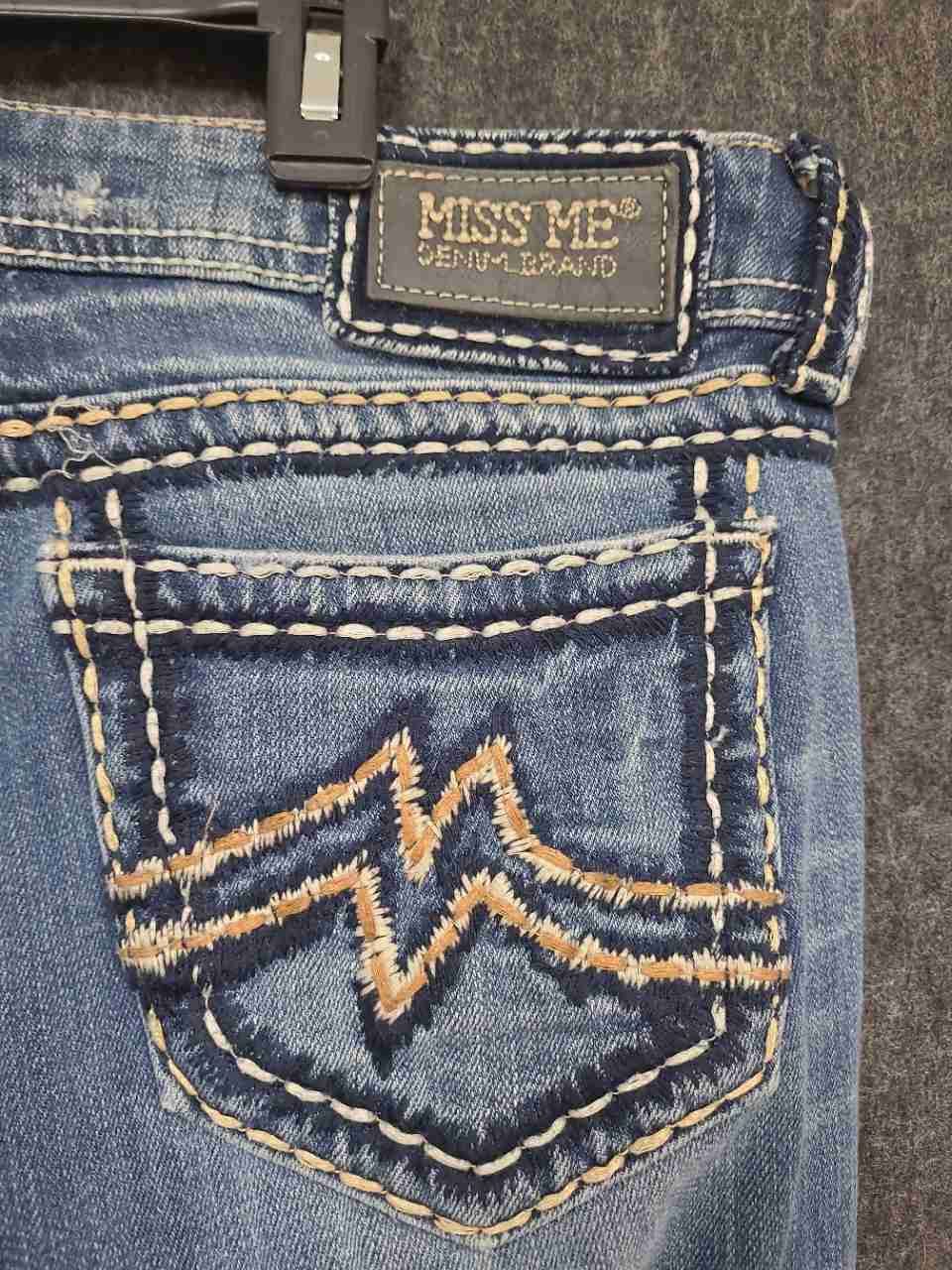 Miss Me Women's Sunny Skinny Jeans Blue Embellished Pockets Heavy Stitch Sz 31