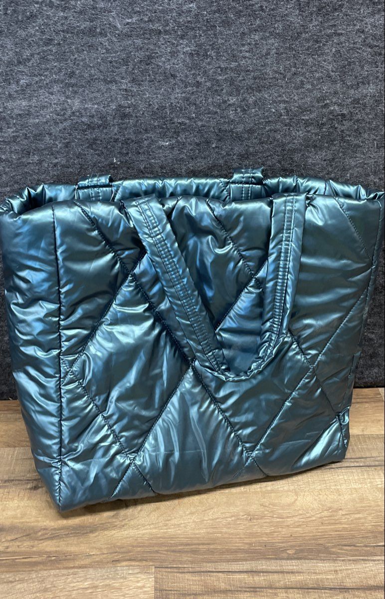 Victoria's Secret Teal Metallic Quilted Puffer Tote Bag Large