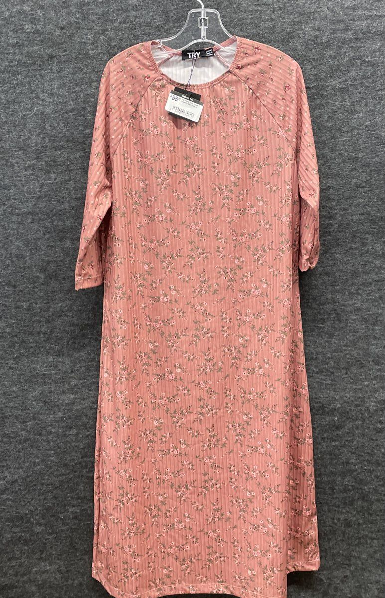 TRY Women's Pink Floral Ribbed Swim Dress CoverUp Long Sleeve NWT Sz 14