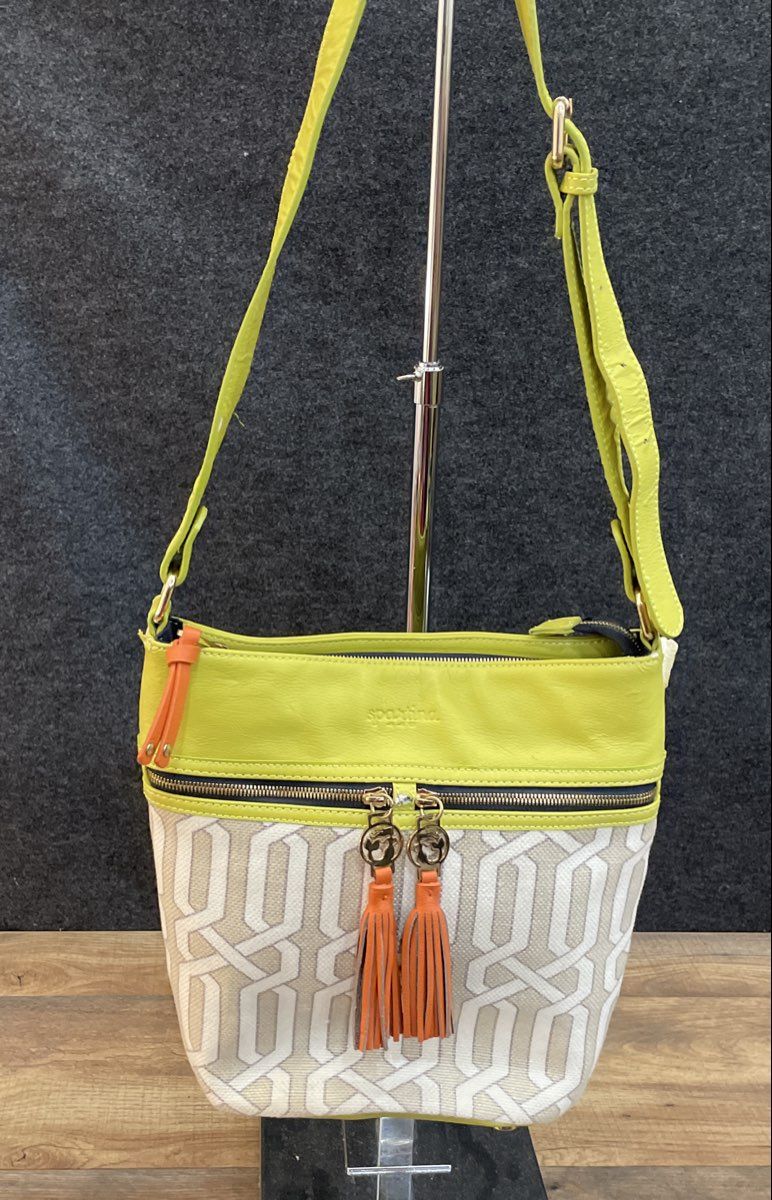 Spartina 449 Green Linen Leather Daufuskie Island Crossbody Bag Gold Hardware