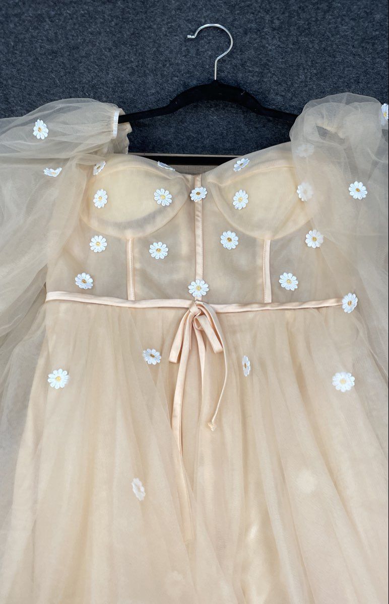 Women's Beige Tulle Daisy Floral Puff Sleeve Corset Mini Dress Lace Up Back