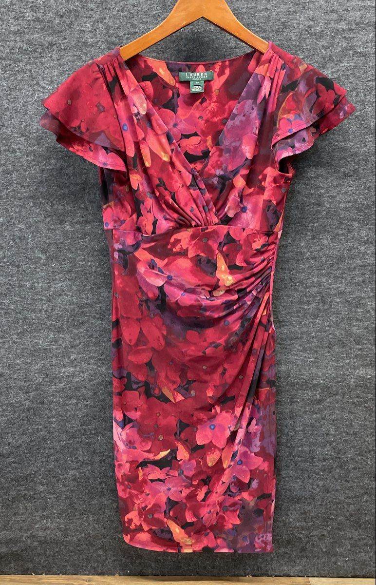 Lauren Ralph Lauren Women's Pink Floral Flutter Sleeve Ruched Sheath Dress Sz 4P