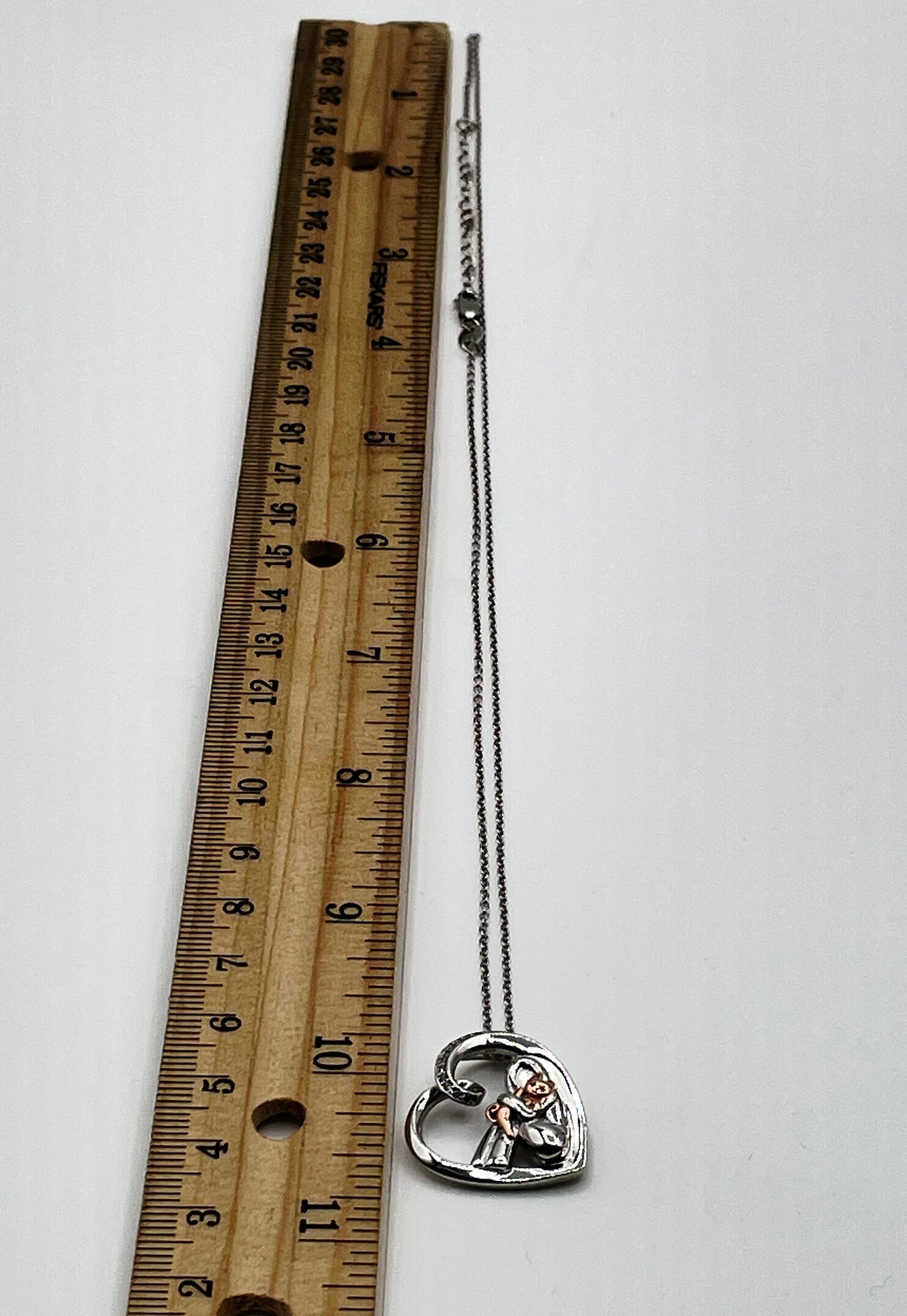 925 Sterling Silver Two-Tone Girl & Cat w/ CZ Heart Pendant Necklace 5.8g
