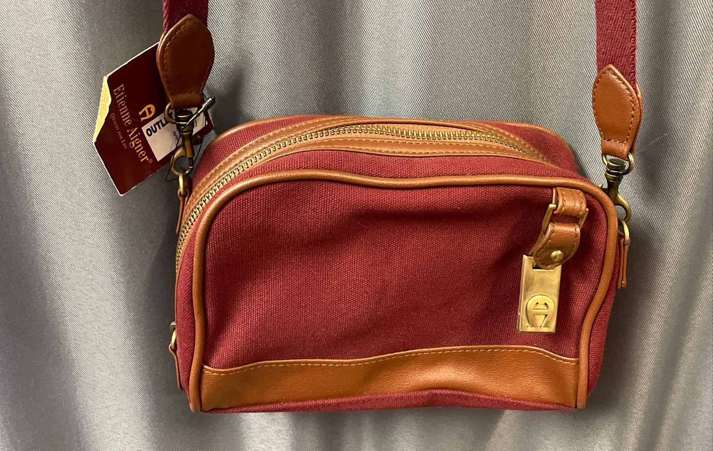 Etienne Aigner Burgundy Canvas Brown Trim Shoulder Crossbody Bag NWT