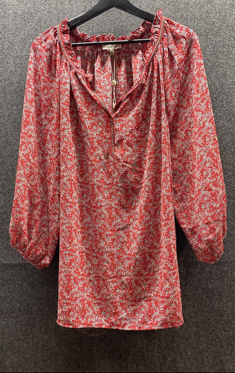 Max Studio Women's Red Floral Ruffle Neck Peasant Blouse Tunic Sz 2X NWT