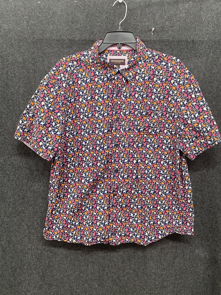Johnston & Murphy Men's Short Sleeve Button Up Shirt XL Flamingo Print Cotton