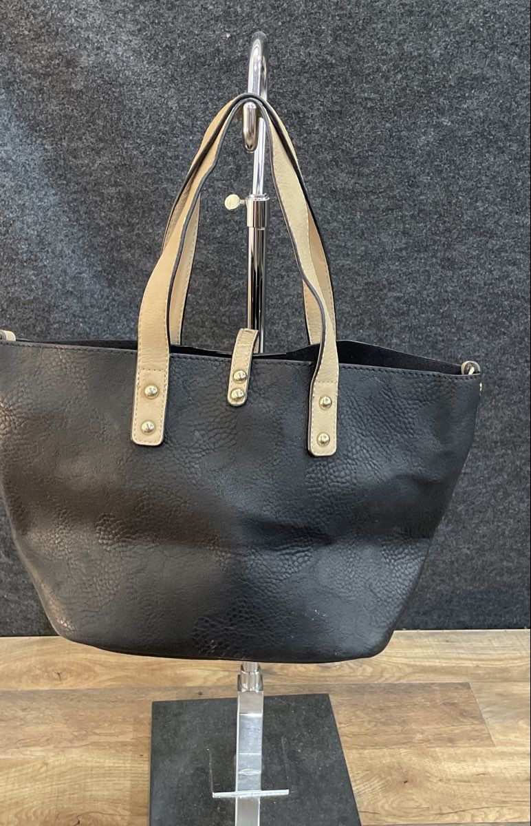 Black Faux Leather Tote Bag Beige Shoulder Straps Gold Tone Hardware