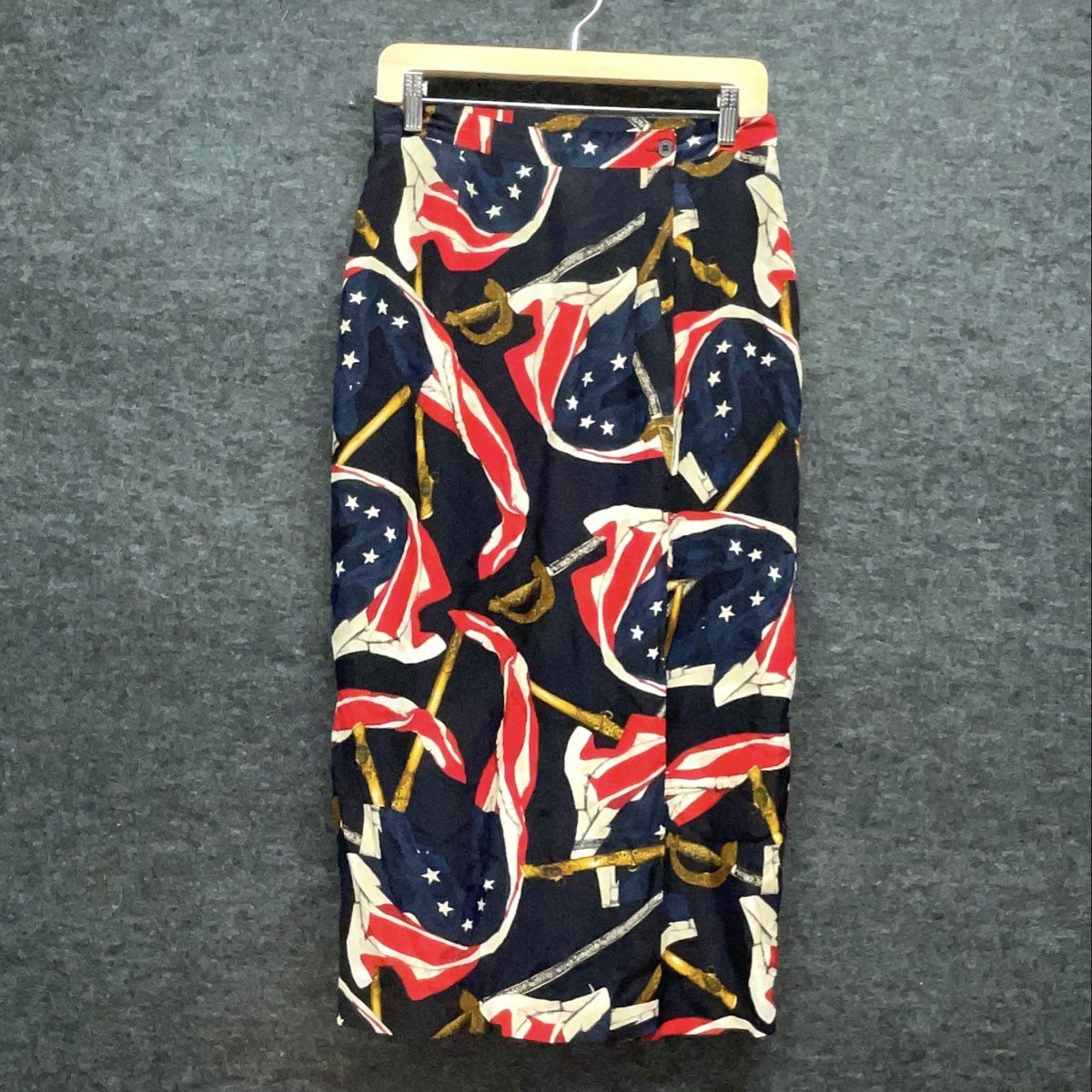 Vintage 90s Jones New York Women's Navy Silk Flag Saber Print Wrap Skirt Sz 10