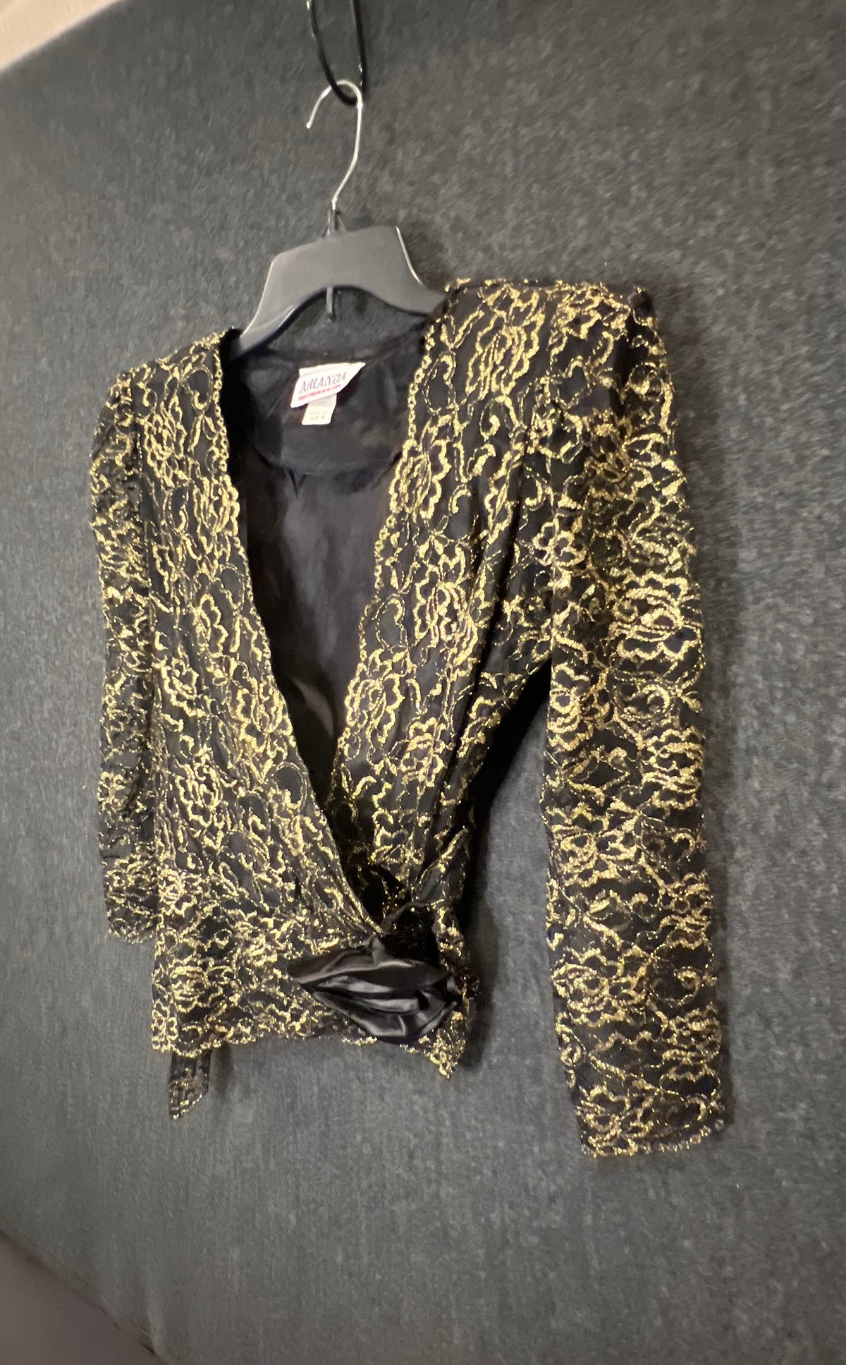 Vintage 80s Amanda Women's Gold Black Metallic Floral Lace Bolero Jacket Sz M