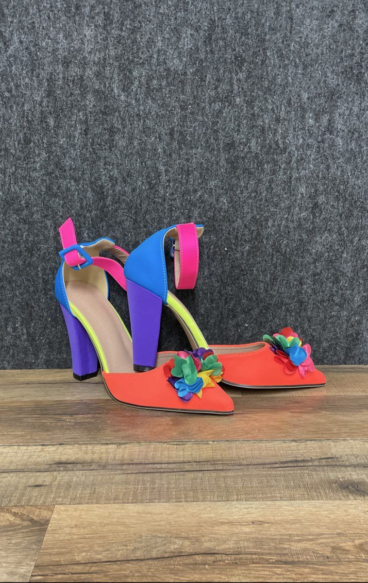 Temu Floral Pointed-Toe Chunky Heel Sandals Rainbow Multi-Color Size 38 EU 7.5
