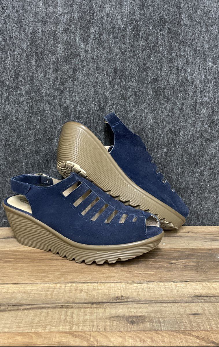 Skechers Parallel Trapezoid Navy Suede Wedge Sandals Women's Size 8.5