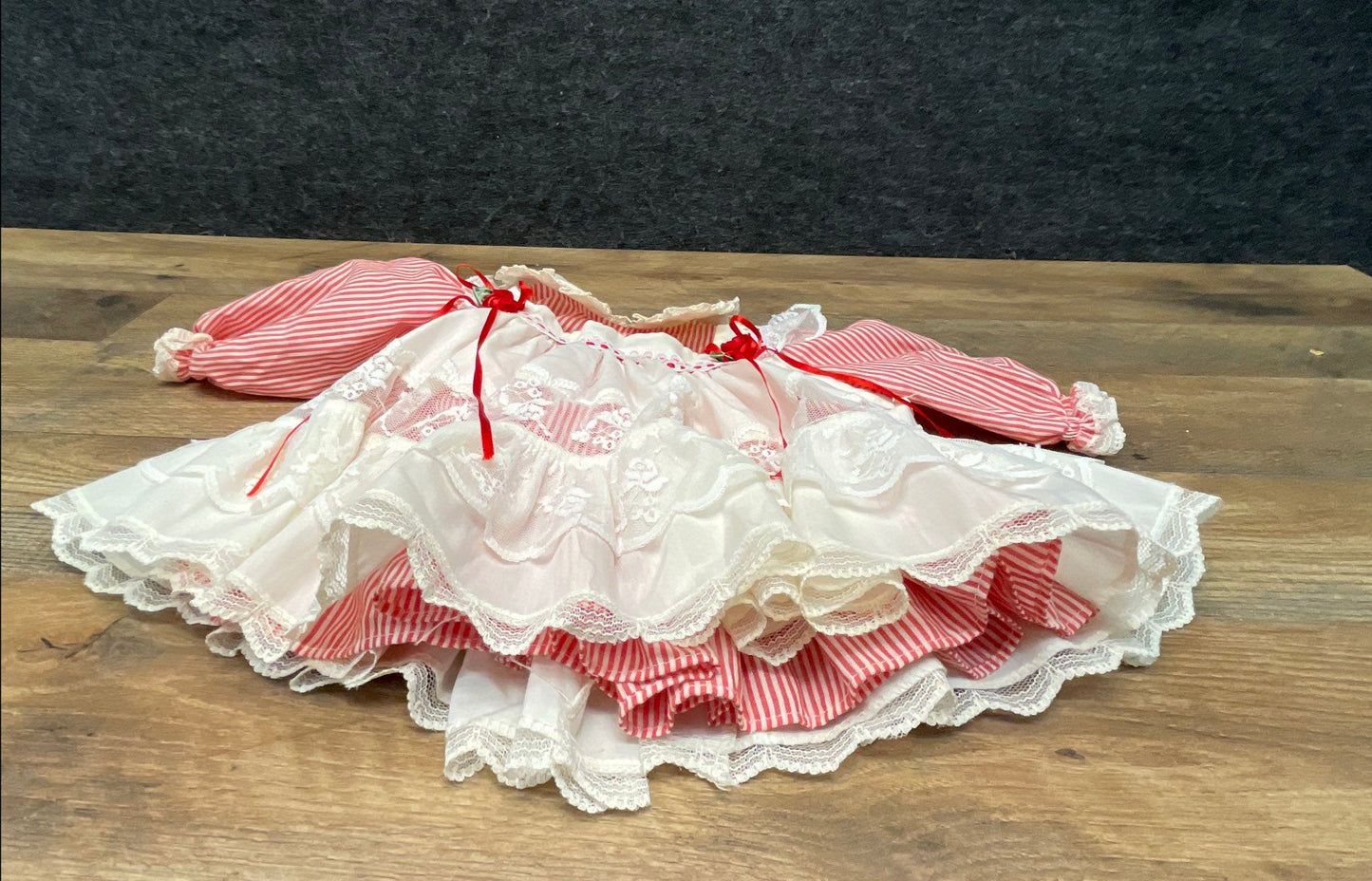Vintage 80s Bryan Baby Dress Set Red White Striped Lace Pinafore USA Sz 0-3M
