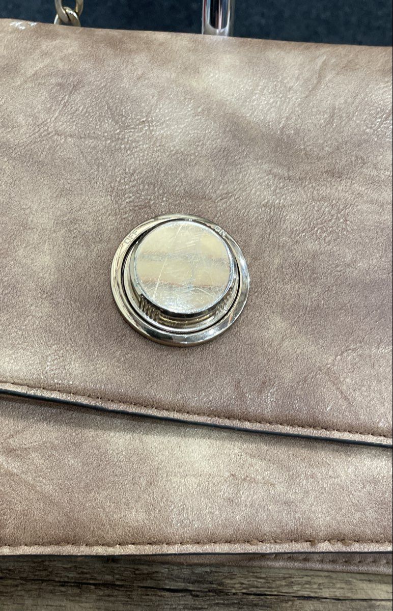 Tan Distressed Faux Leather Crossbody Shoulder Bag Circular Turn Lock Hardware