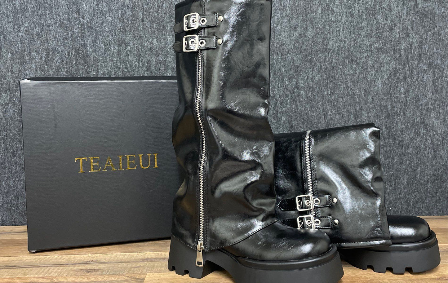 TEAIEUI Black Platform Moto Fold Over Knee High Boots Women's Size 6