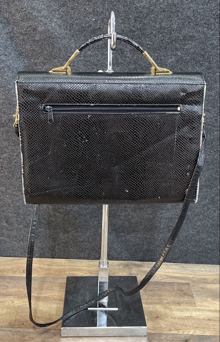 Vintage 80s Black Lizard Embossed Top Handle Crossbody Bag Gold Hardware