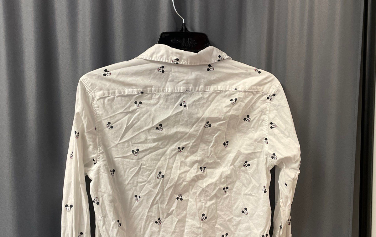 H&M L.O.G.G. Women's Mickey Mouse Pattern Button Down Shirt White Sz 4