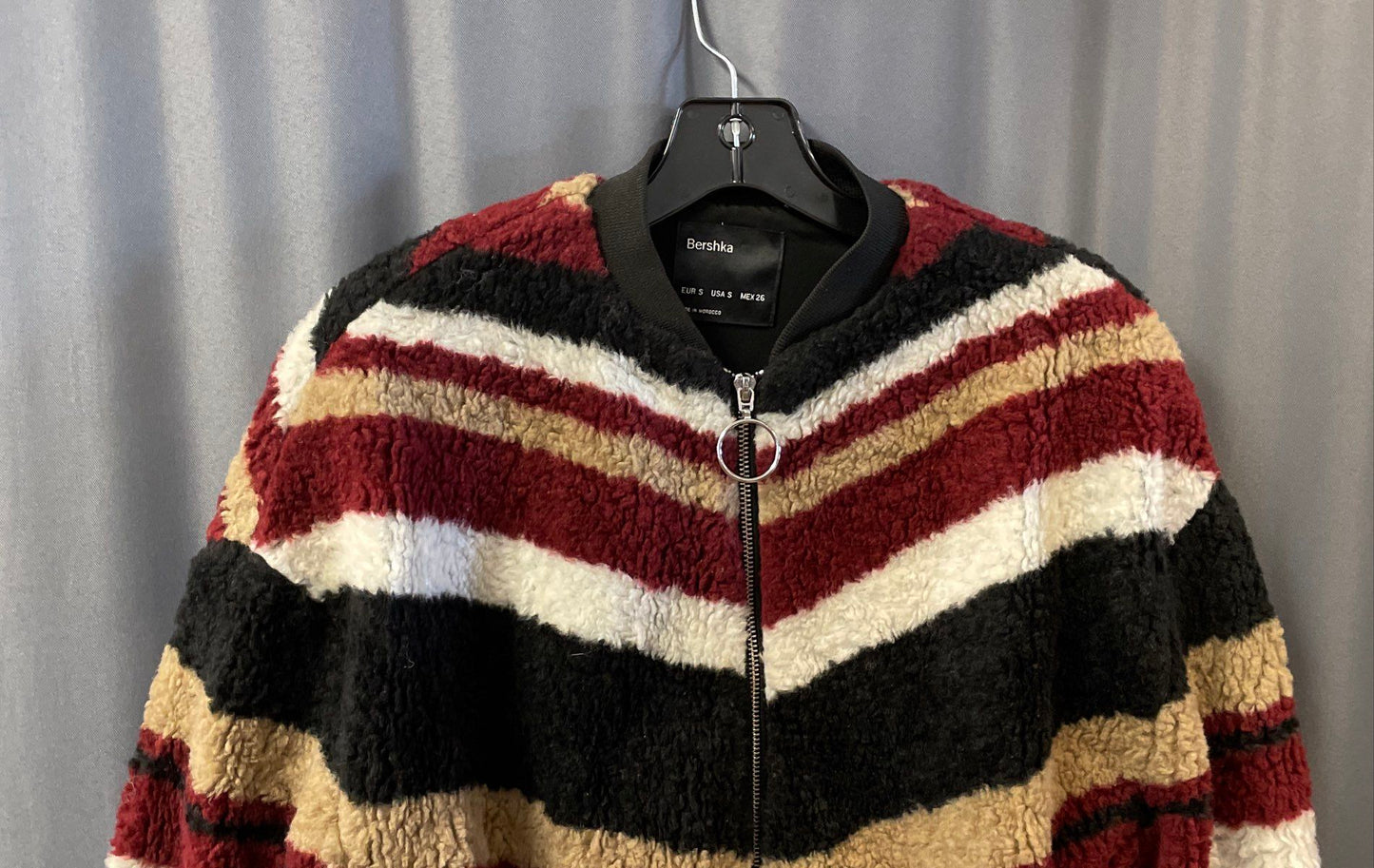 Bershka Women's Striped Zip Up Fuzzy Sherpa Jacket Ring Pull Bomber Sz S