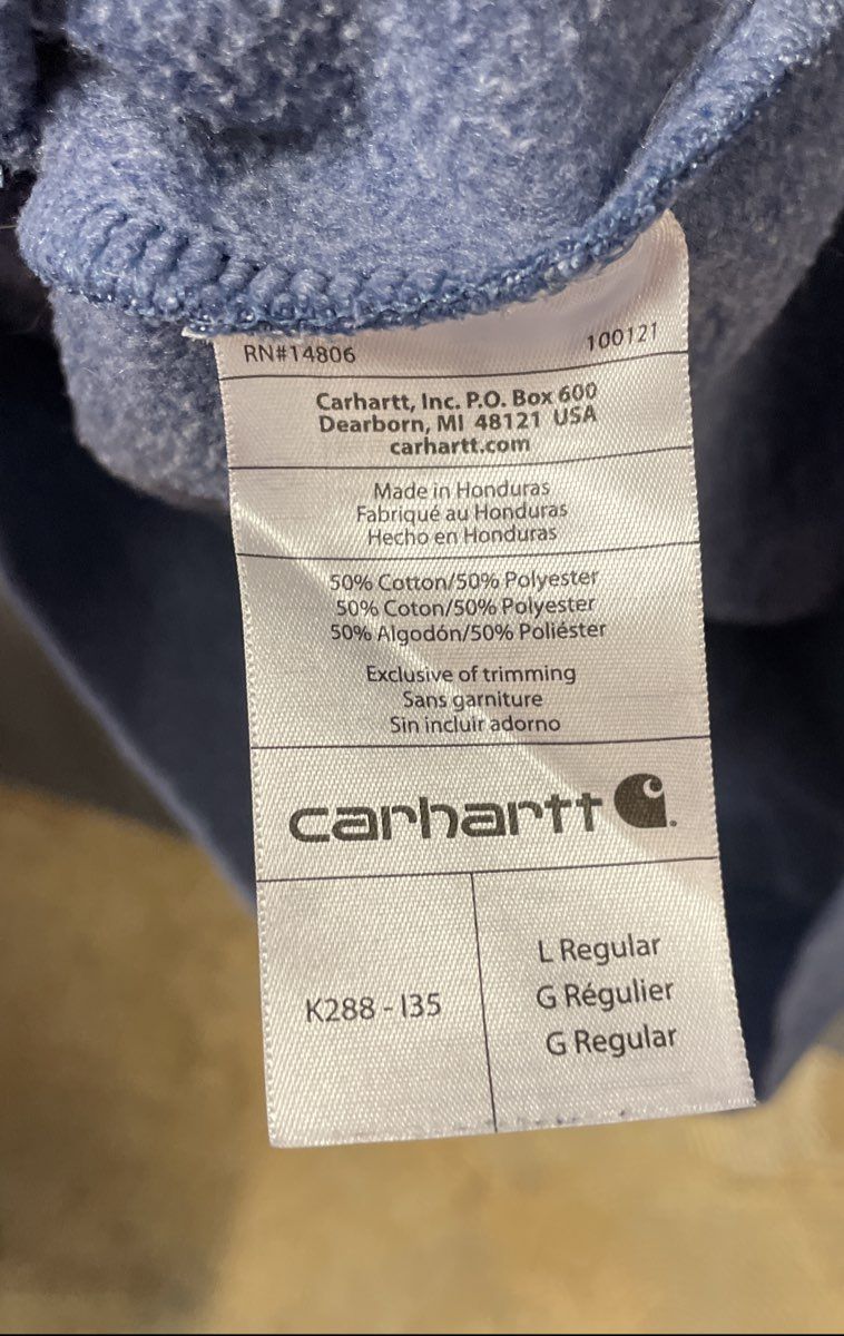 Carhartt Men's Blue Original Fit Pullover Hoodie Orange Sleeve Logo Size L