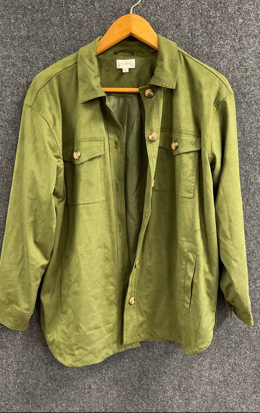 Women's Size L Green Wonderly Faux Suede Button Up Long Sleeve