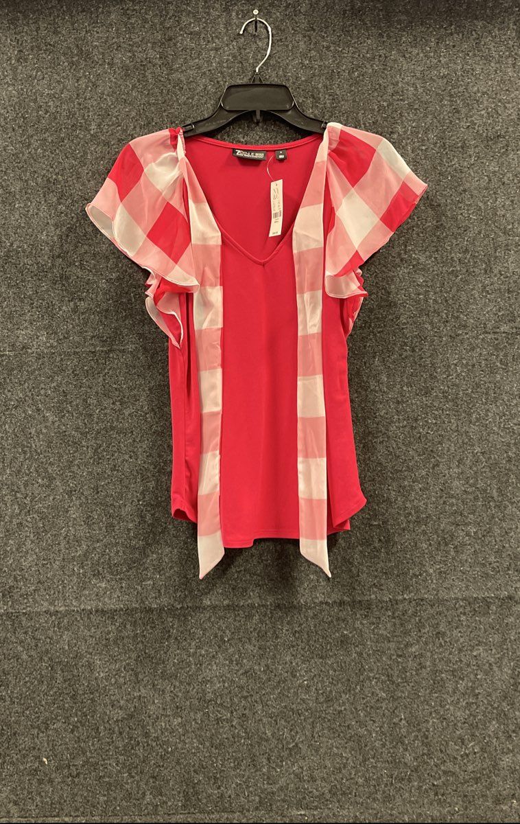 New York & Company Women's Pink 7th Ave Gingham Flutter Sleeve Blouse NWT Sz S