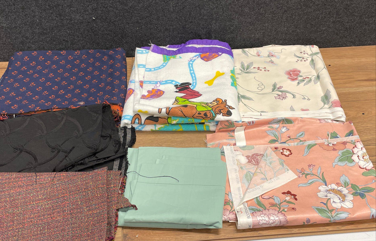 Vintage 90s Mixed Fabric Lot 7 Pcs Scooby-Doo Floral Tweed Chintz Upholstery