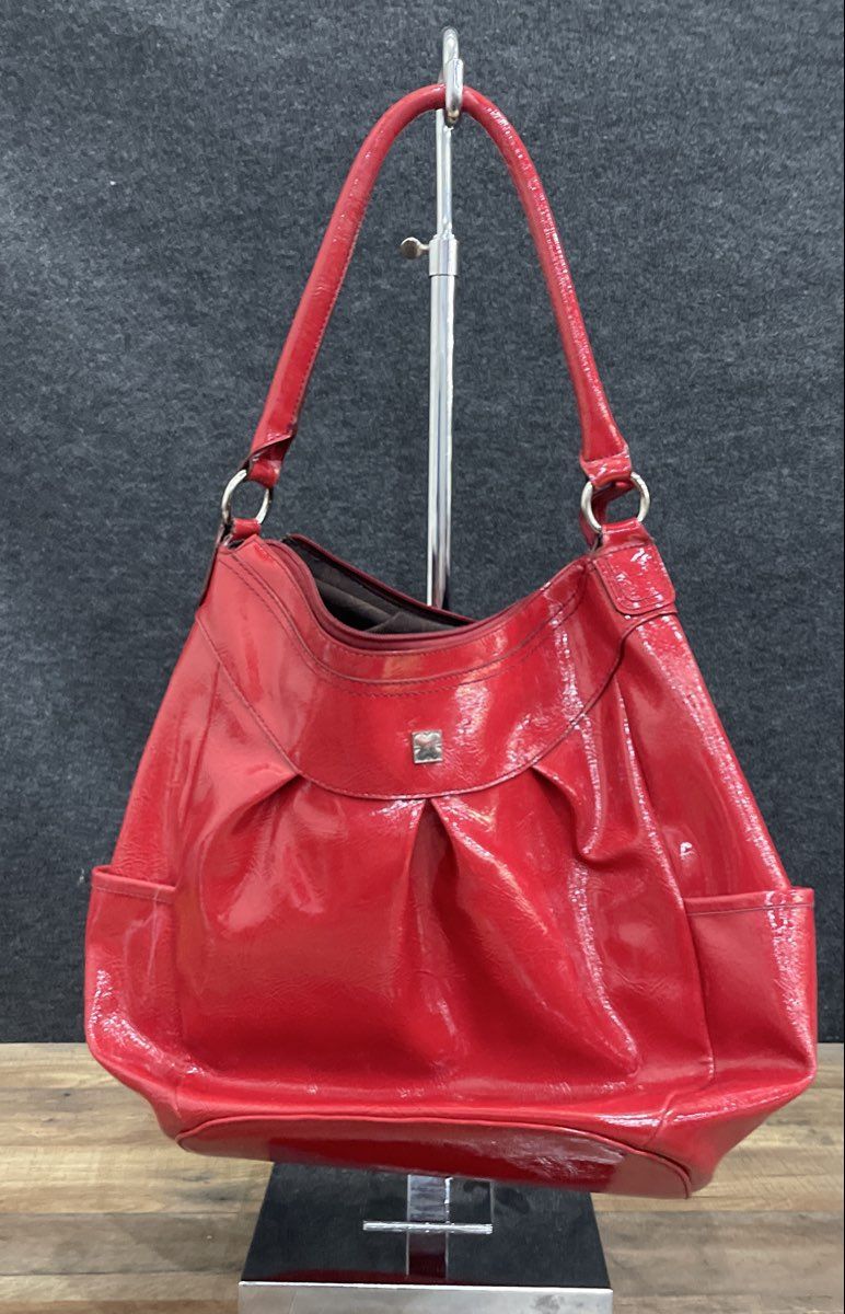 Liz Claiborne Red Patent Pleated Shoulder Bag Hobo Purse Side Pockets