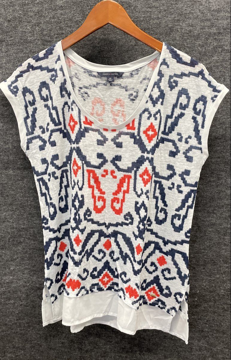 Tommy Hilfiger Women's White Blue Orange Ikat Print Layered Hem Top Sz S