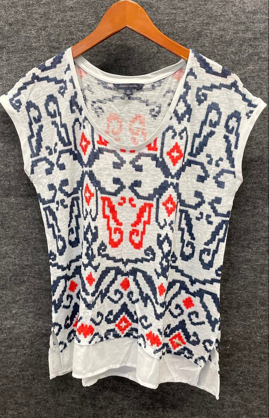 Tommy Hilfiger Women's White Blue Orange Ikat Print Layered Hem Top Sz S