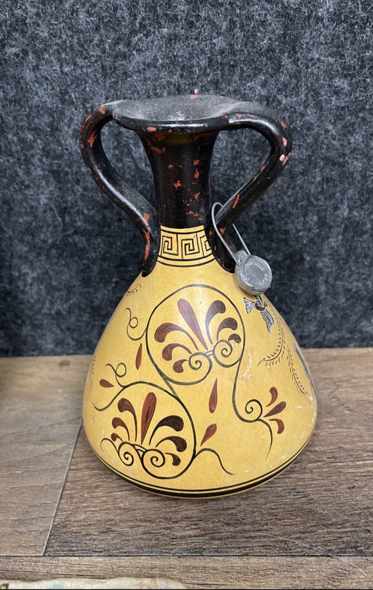 Vintage Greek Pottery Lot Oedipus Sphinx Plaque Hand Painted Vase + Art Tile