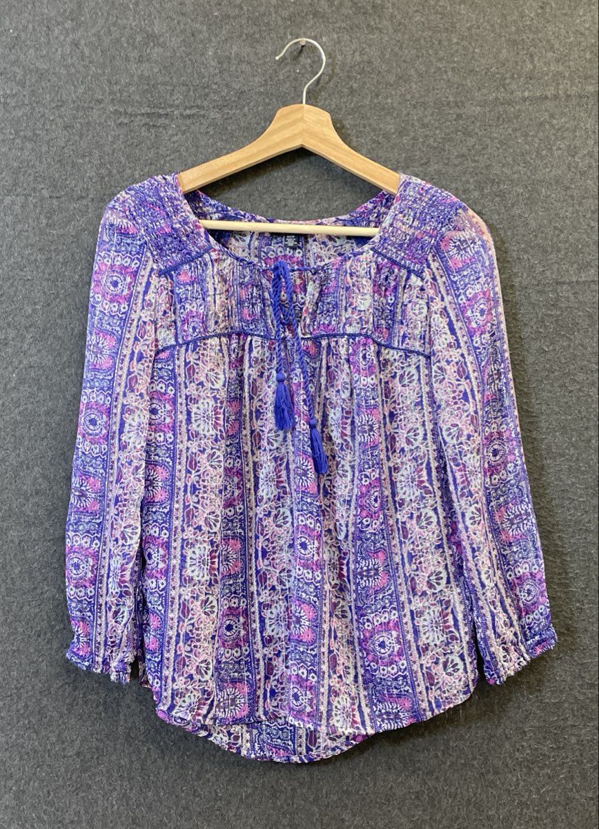 American Eagle Women's Paisley Blouse Purple Metallic Semi-Sheer Tassels Sz XS