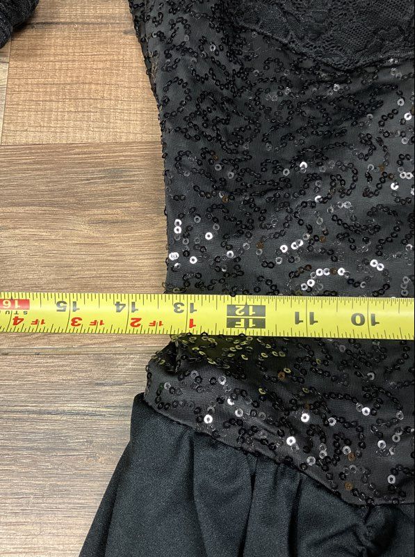 Women's Black Sequin Lace Long Sleeve Dance Costume Draped Skirt Dress