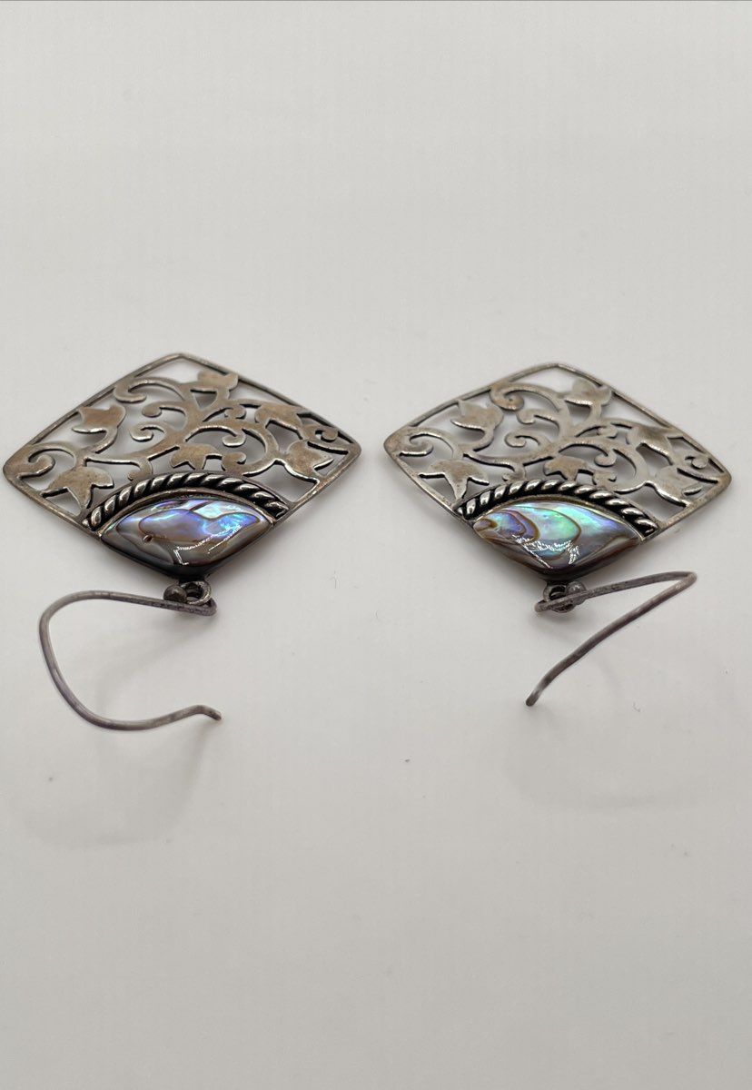 CFJ 925 Sterling Silver Abalone Filigree Dangle Earrings 5.2g