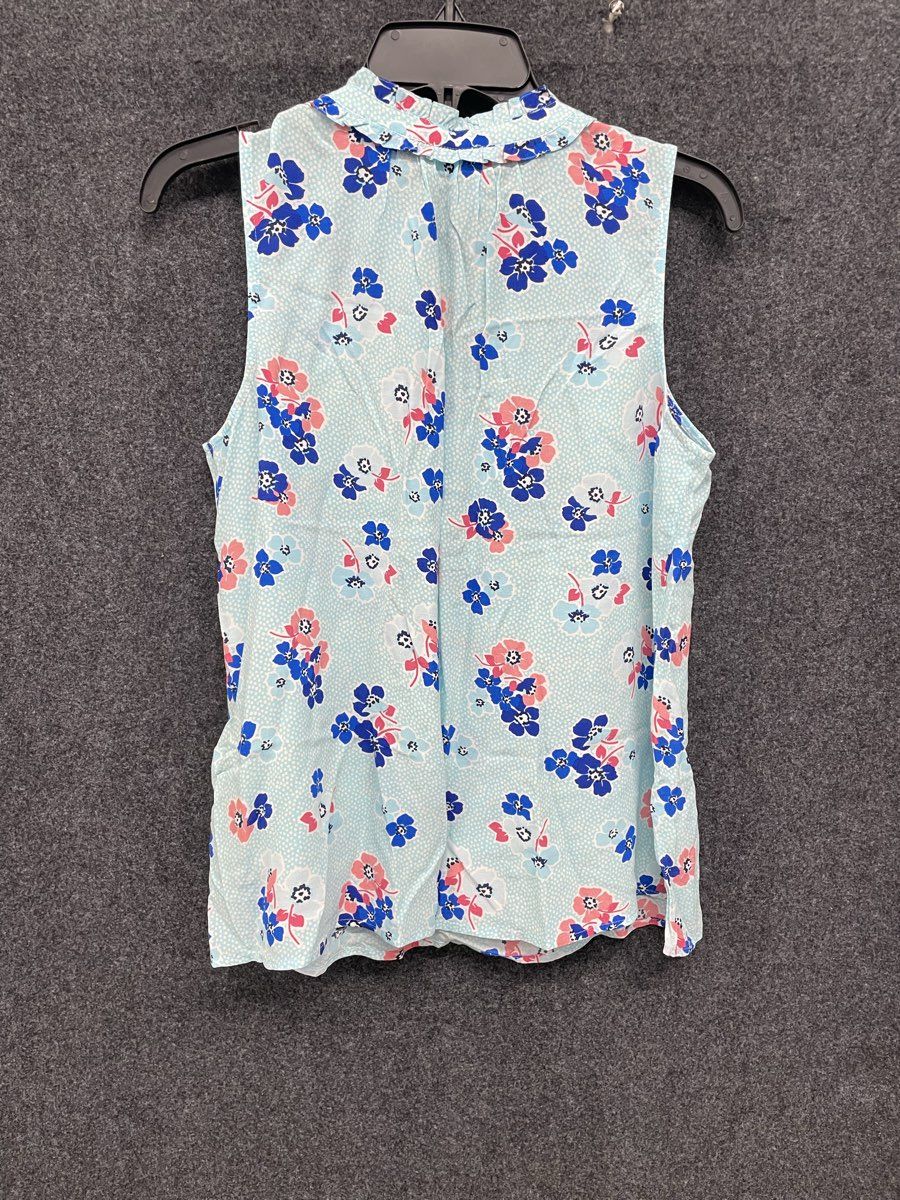 Talbots Women's Sleeveless Top Light Blue Floral Print Ruffle Neck Viscose Sz MP
