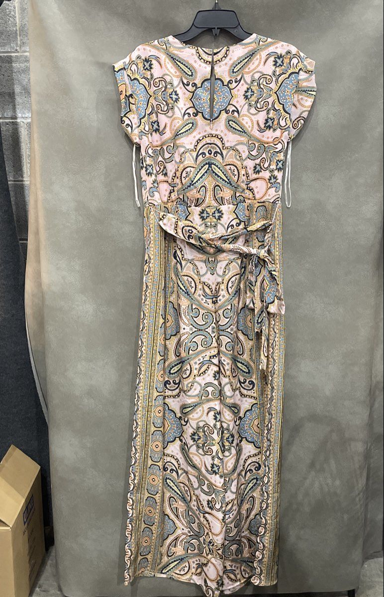 Donna Ricco Women's Pink Paisley Geometric Wide Leg Jumpsuit Sash Belt Sz 10
