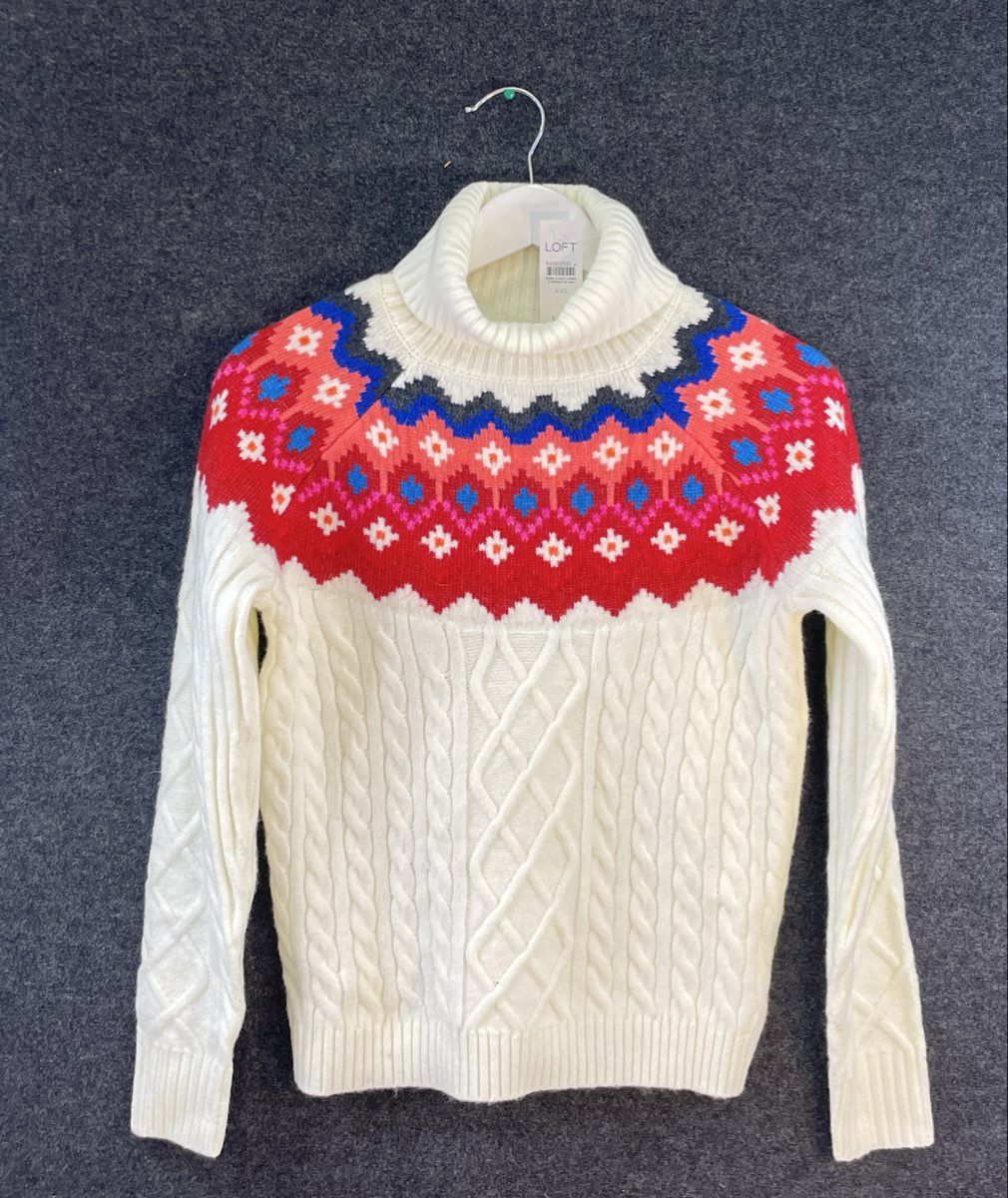 LOFT Women's Turtleneck Sweater White Cable Knit Fair Isle Yoke Sz XXS NWT