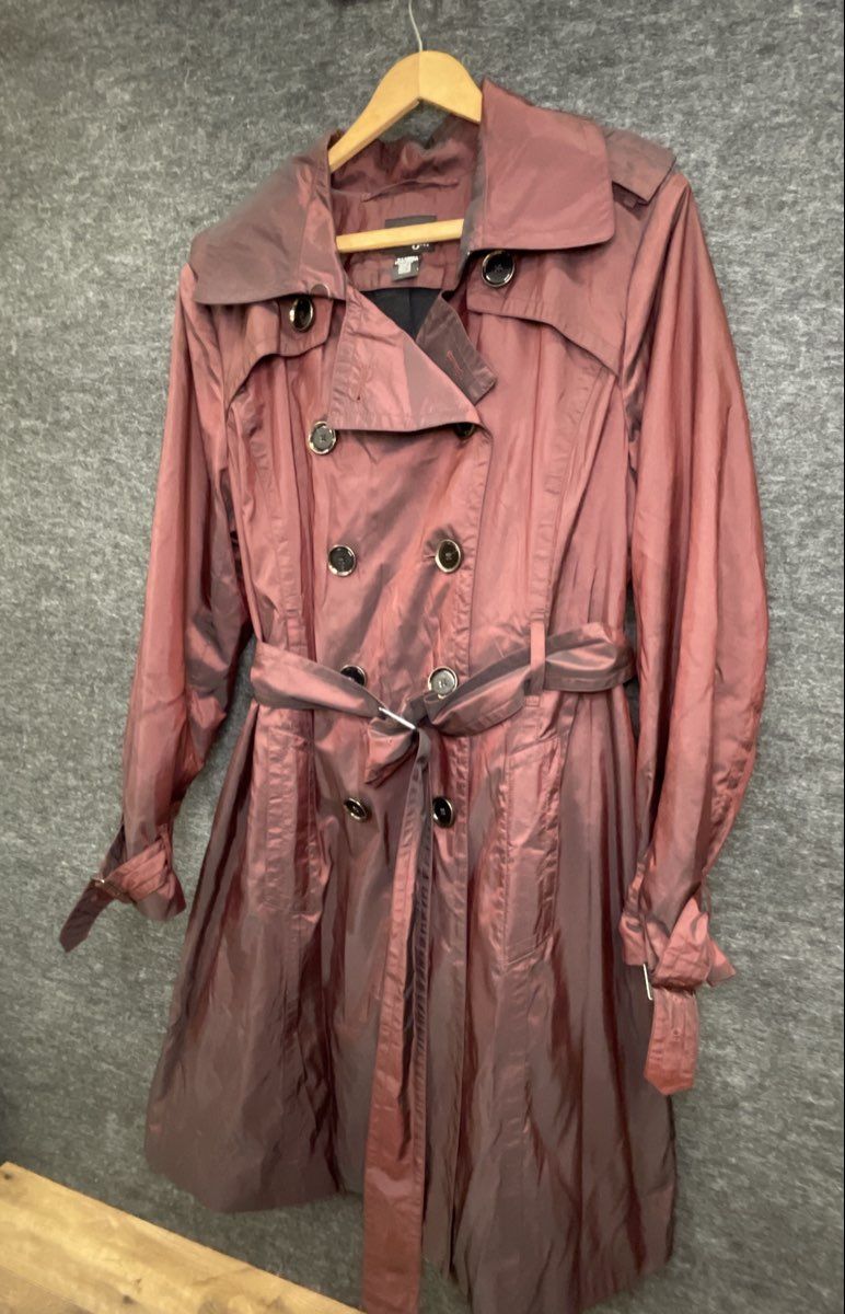 H&M Women's Purple Iridescent Double Breasted Belted Trench Coat Sz 8