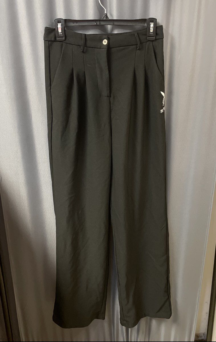 Playboy by PacSun Women's Black Embroidered Logo Pleated Wide Leg Pants Size M