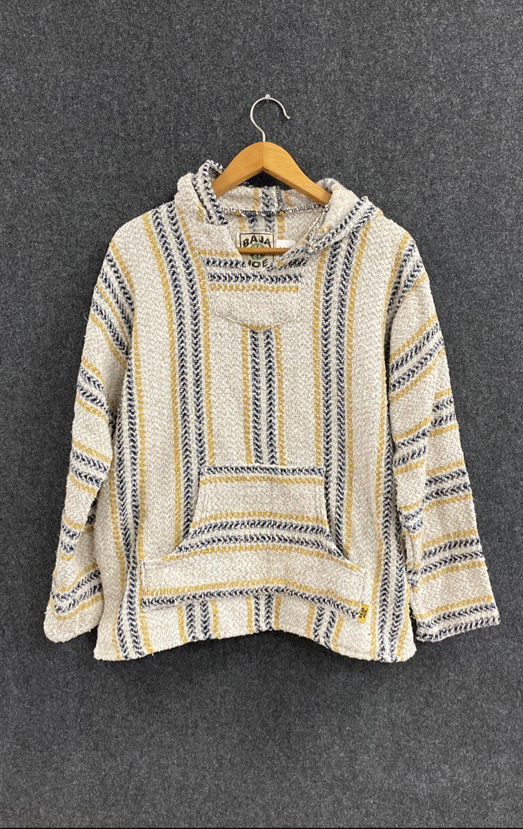 Baja Joe Men's Mexican Jerga Hoodie Cream Yellow Blue Striped Pullover Sz L