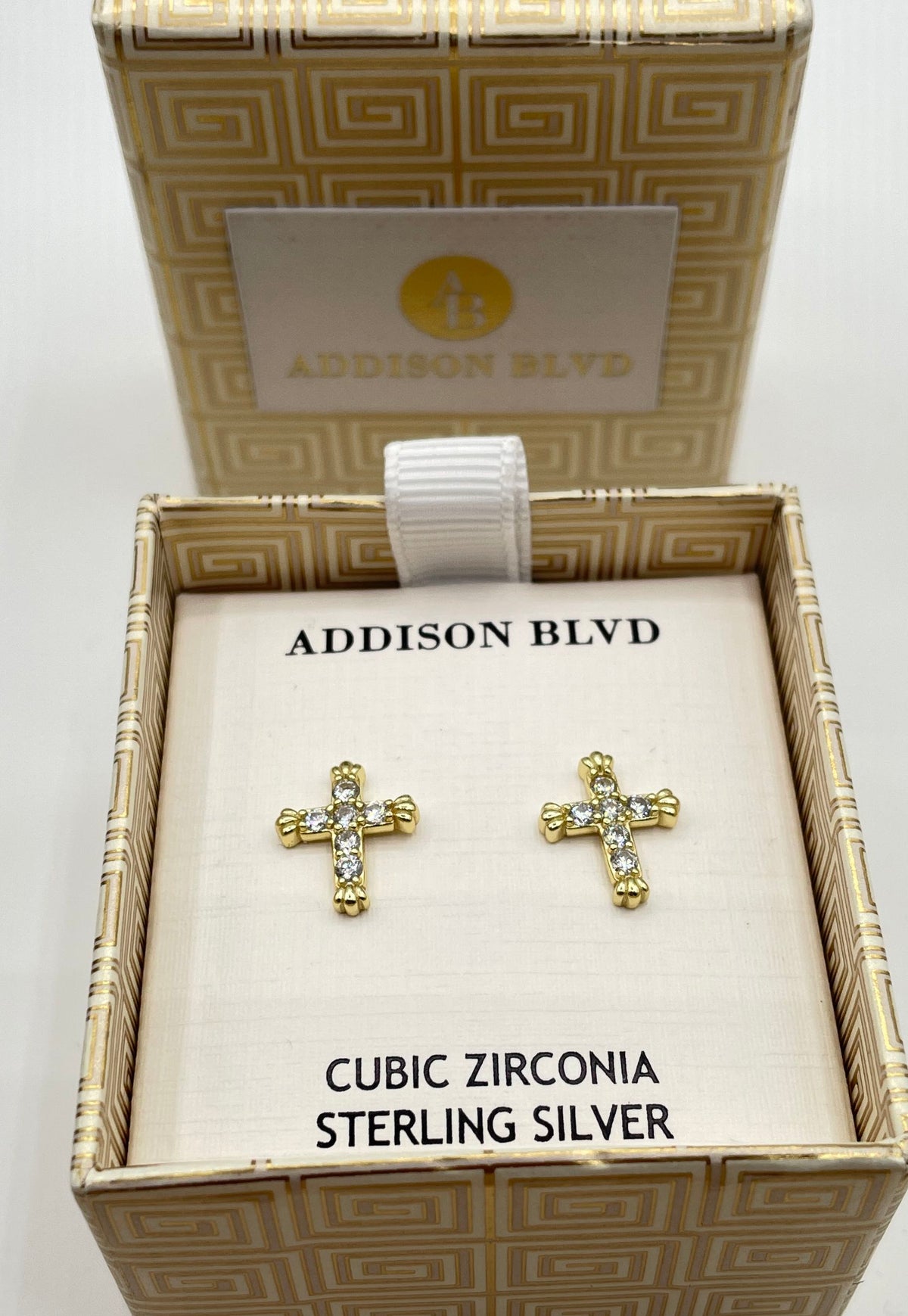 Addison Blvd 925 Sterling Silver Two-Tone CZ Cross Stud Earrings In Box 25.7g