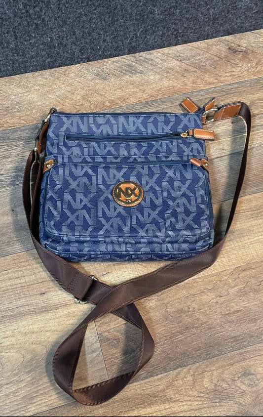 Mia K. Farrow Navy Blue Monogram Crossbody Shoulder Bag Front Zip Pocket