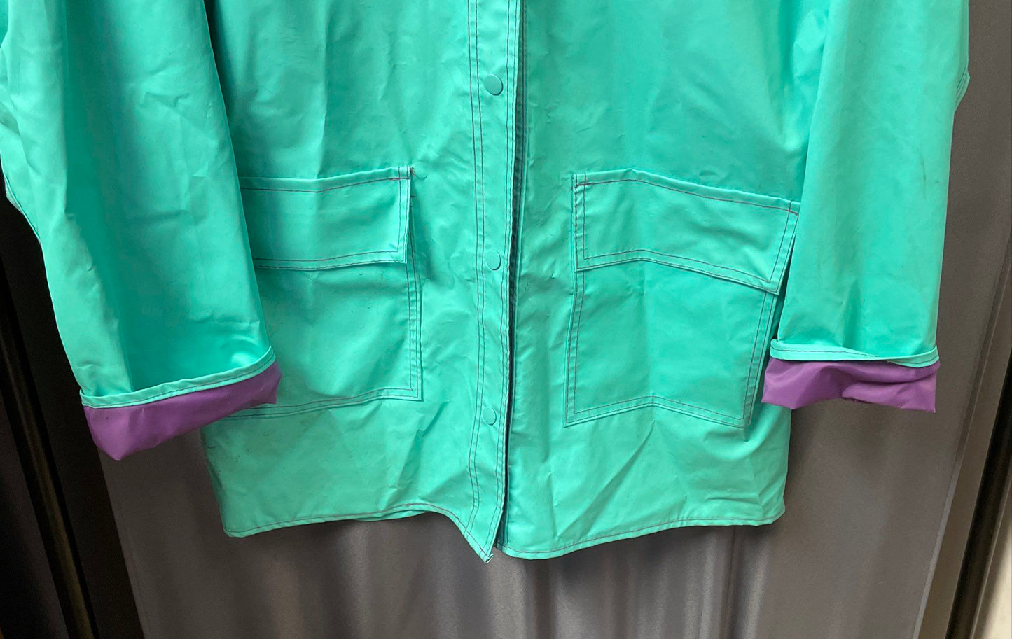 Vintage 90s Woolrich Women's Surf Green PVC Hooded Raincoat Jacket Purple Sz L