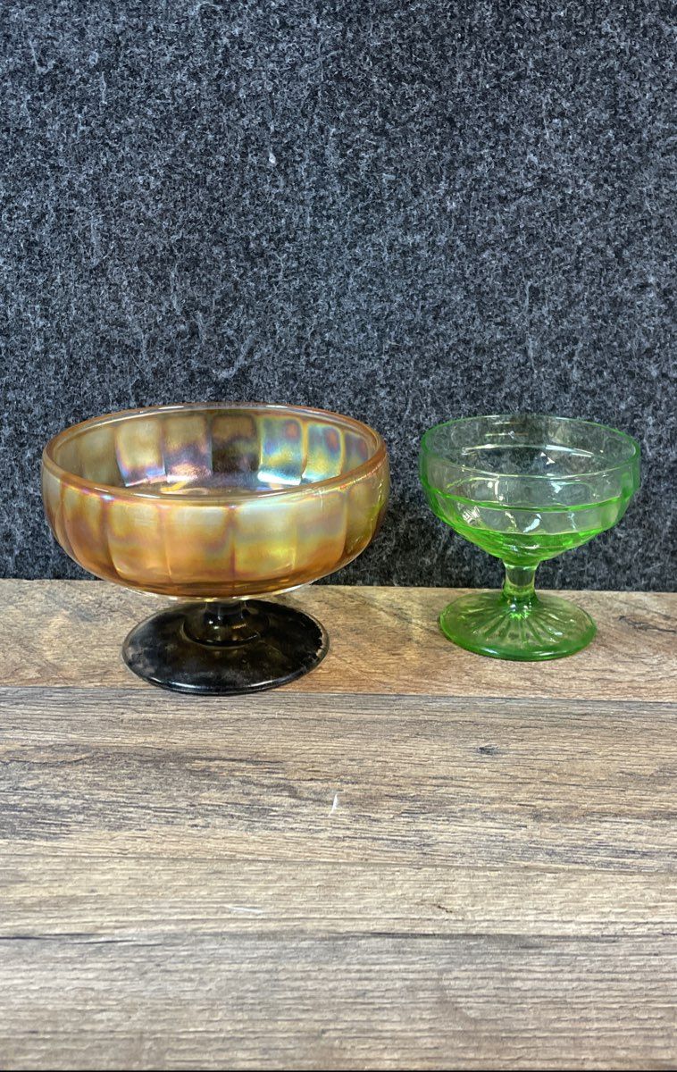 Carnival & Pressed Glass Marigold Green 2 Piece Lot Compote Sherbet Vintage
