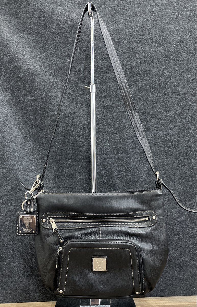 Tignanello Black Leather Multi Pocket Crossbody Shoulder Bag Silver Hardware