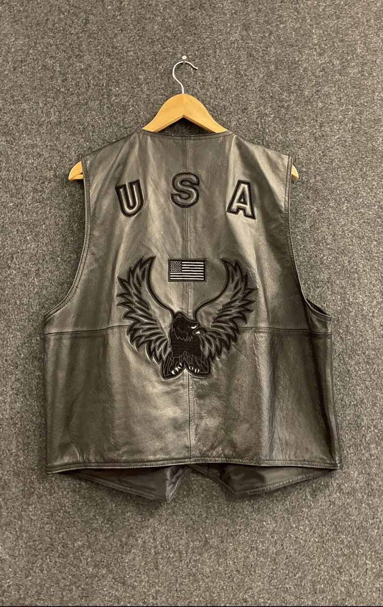 USA Leather Men's Black Eagle Patch Biker Vest Western Snap Front Sz 3XL