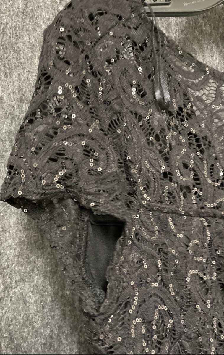 Marina Women's Black Lace Sequin Cap Sleeve Midi Sheath Dress Sz L NWT