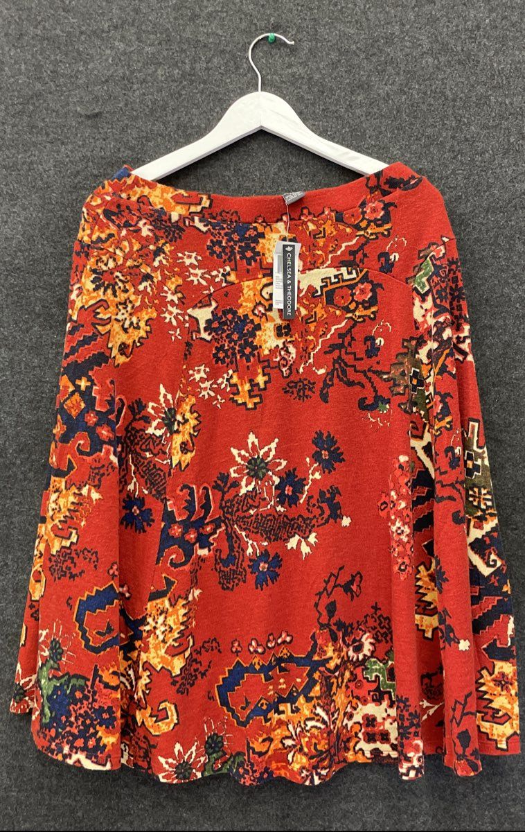 Chelsea & Theodore Women's Red Multicolor Printed A-Line Knit Skirt Sz 12 NWT