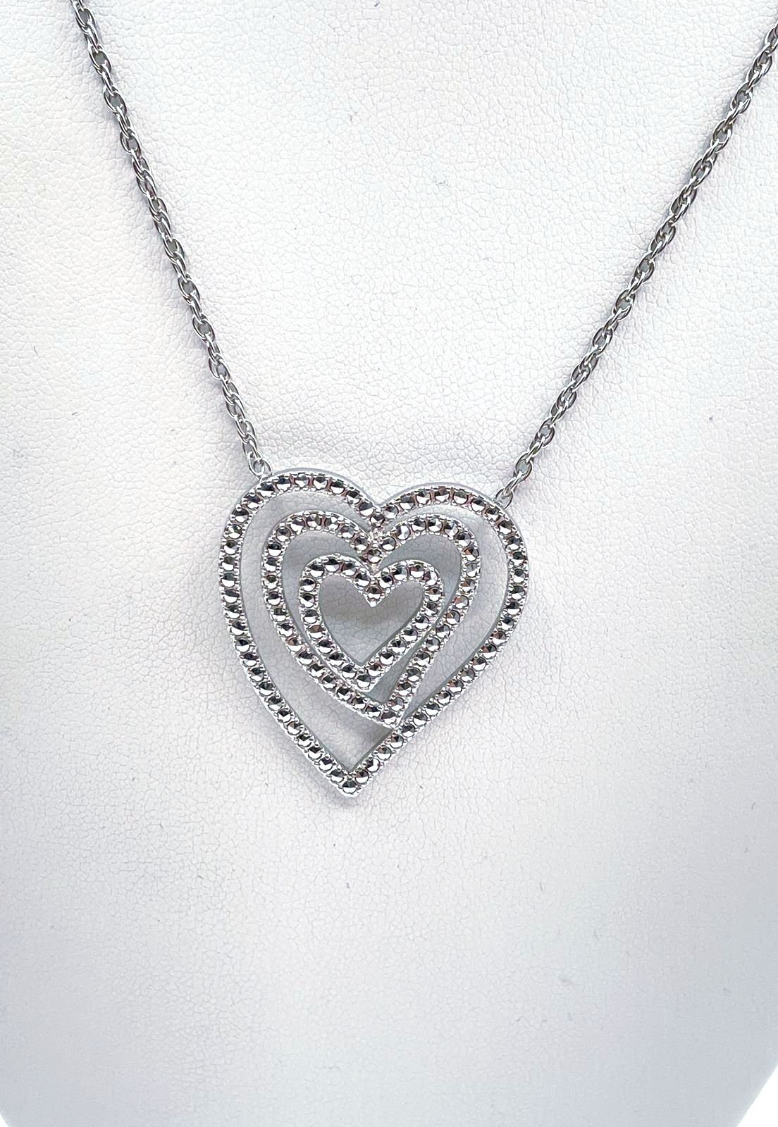 925 Sterling Silver Triple Heart Marcasite Accent Pendant Necklace 8.6g